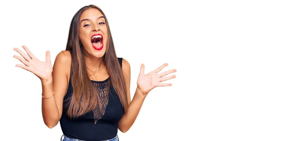 Young Hispanic Woman Wearing Casual Clothes Celebrating Crazy Amazed Success — Stock Photo, Image