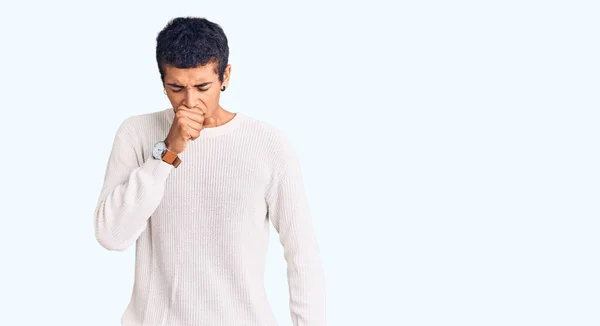 Young African Amercian Man Wearing Casual Clothes Feeling Unwell Coughing — Stock Photo, Image