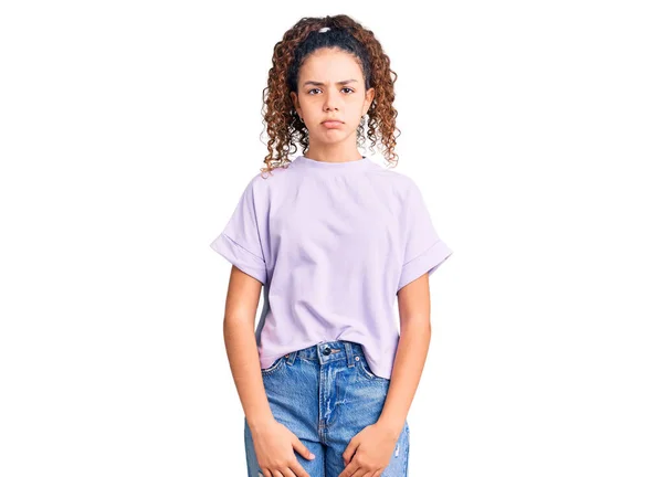 Beautiful Kid Girl Curly Hair Wearing Casual Clothes Skeptic Nervous — Stock Photo, Image
