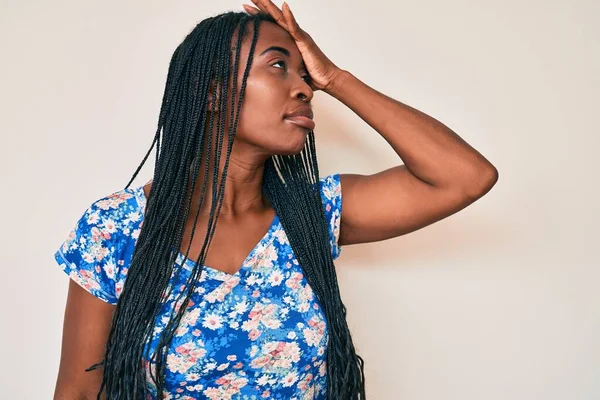 African American Woman Braids Wearing Casual Summer Clothes Surprised Hand — Stock Photo, Image