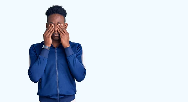 Young African American Man Wearing Sportswear Rubbing Eyes Fatigue Headache — Stock Photo, Image