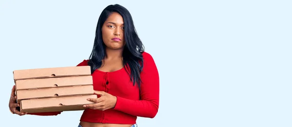 Hispanic Woman Long Hair Holding Delivery Pizza Box Thinking Attitude — Stock Photo, Image