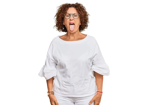 Beautiful Middle Age Mature Woman Wearing Casual Clothes Glasses Sticking — Stock Photo, Image