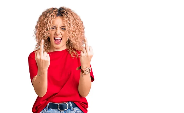 Young Blonde Woman Curly Hair Wearing Casual Red Tshirt Showing — 스톡 사진