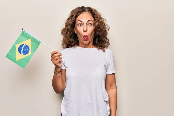 Middle Age Beautiful Patriotic Woman Holding Brazilian Flag Isolated White — Stock Photo, Image