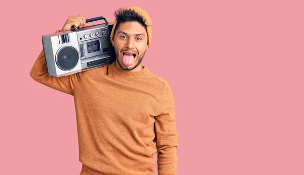 Handsome Latin American Young Man Holding Boombox Listening Music Sticking — Stock Photo, Image