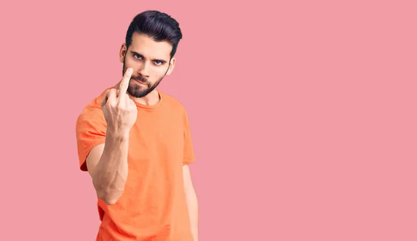 Young Handsome Man Beard Wearing Casual Shirt Showing Middle Finger — 图库照片
