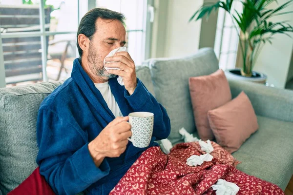 Middle Age Man Feeling Sick Cold Fever Home Ill Flu — Stock Photo, Image