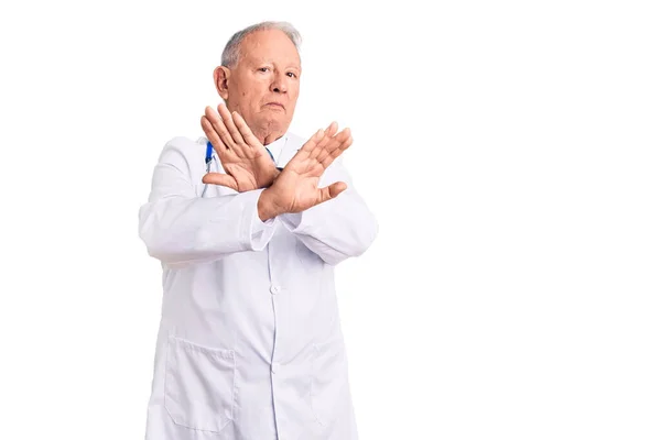 Senior Handsome Grey Haired Man Wearing Doctor Coat Stethoscope Rejection — Stock Photo, Image