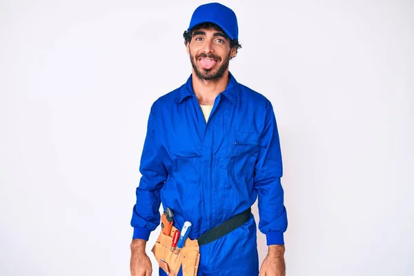 Handsome Young Man Curly Hair Bear Weaing Handyman Uniform Sticking — Stock Photo, Image