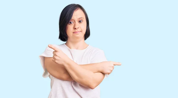 Brunette Woman Syndrome Wearing Casual White Tshirt Pointing Both Sides — Stock Photo, Image