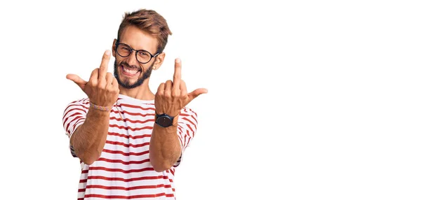 Handsome Blond Man Beard Wearing Casual Clothes Glasses Showing Middle — Stock Fotó