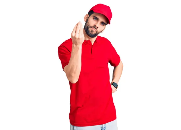 Joven Hombre Guapo Con Barba Llevando Uniforme Entrega Haciendo Gesto —  Fotos de Stock