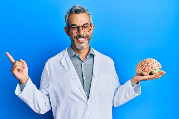 Homem Cabelos Grisalhos Meia Idade Usando Casaco Médico Segurando Cérebro — Fotografia de Stock