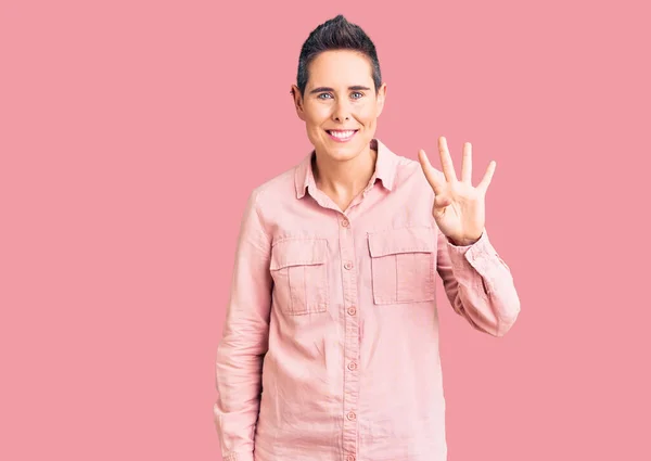 Young Woman Short Hair Wearing Casual Clothes Showing Pointing Fingers — Stock Photo, Image