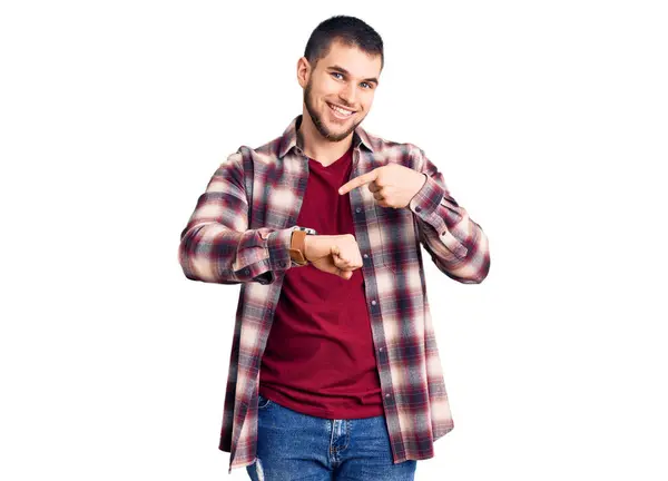Jeune Bel Homme Portant Une Chemise Décontractée Hâte Pointant Pour — Photo