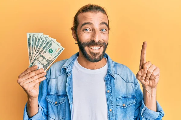 Attractive Man Long Hair Beard Holding Dollars Banknote Smiling Idea — Stock Photo, Image