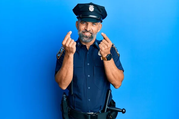 Homem Bonito Meia Idade Vestindo Uniforme Policial Fazendo Gesto Dinheiro — Fotografia de Stock