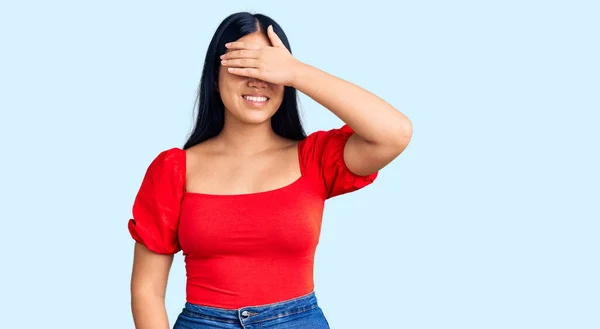 Young Beautiful Asian Girl Wearing Casual Clothes Smiling Laughing Hand — Stock Photo, Image