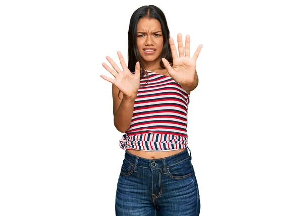 Beautiful Hispanic Woman Wearing Casual Clothes Afraid Terrified Fear Expression — Stock Photo, Image