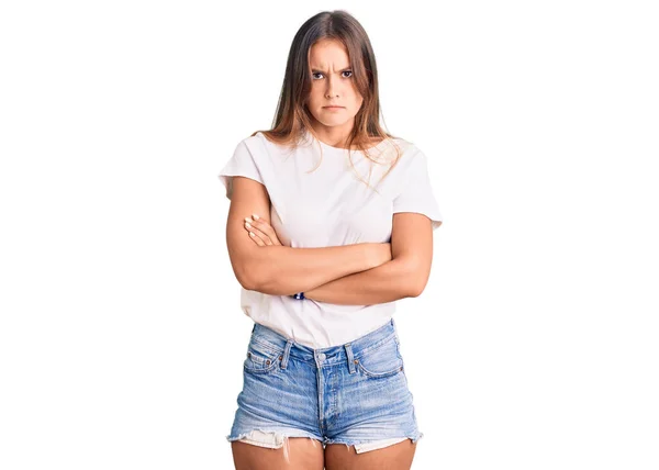 Hermosa Mujer Caucásica Con Camiseta Blanca Casual Escéptica Nerviosa Expresión — Foto de Stock