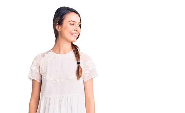 Young Beautiful Girl Wearing Casual Shirt Looking Away Side Smile — Stock Photo, Image
