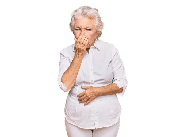 Senior Grey Haired Woman Wearing Casual Clothes Smelling Something Stinky — Stock Photo, Image