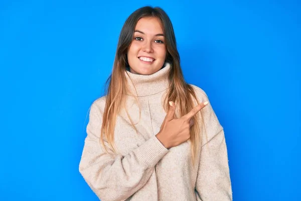 Bella Donna Caucasica Che Indossa Maglione Invernale Lana Allegro Con — Foto Stock