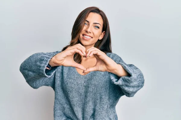 Young Brunette Woman Wearing Casual Winter Sweater Smiling Love Doing — Stock Photo, Image