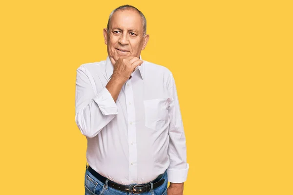 Handsome Senior Man Wearing Elegant White Shirt Hand Chin Thinking — Stock Photo, Image