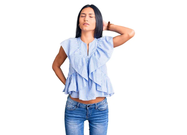 Young Beautiful Latin Girl Wearing Casual Clothes Suffering Neck Ache — Stock Photo, Image