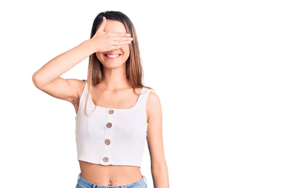 Young Beautiful Girl Wearing Casual Sleeveless Shirt Smiling Laughing Hand — Stock Photo, Image