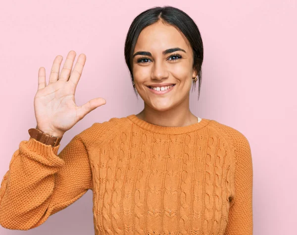 Young Brunette Woman Wearing Casual Winter Sweater Showing Pointing Fingers — Stock Photo, Image