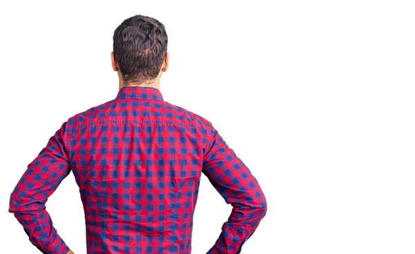 Handsome Young Man Bear Wearing Casual Shirt Standing Backwards Looking — Stock Photo, Image