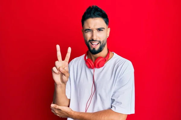 Young Man Beard Listening Music Using Headphones Smiling Happy Face — Stock Photo, Image
