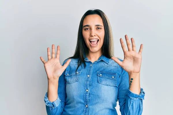 Young Hispanic Woman Wearing Casual Denim Jacket Smiling Laughing Hand — Stock Photo, Image