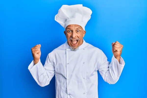 요리사 복장을 모자를 중년의 남자가 성공을 축하하며 놀라고 놀랐다 — 스톡 사진