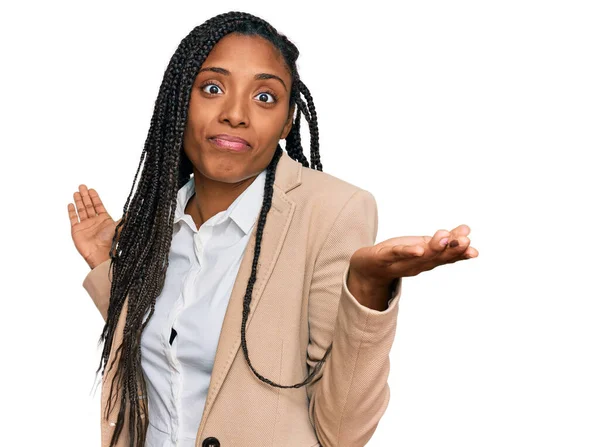 African American Woman Wearing Business Jacket Clueless Confused Expression Arms — Stock Photo, Image