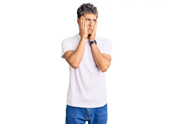 Young Handsome Man Wearing Casual White Tshirt Tired Hands Covering — Stock Photo, Image