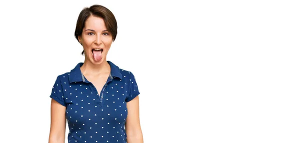 Young Brunette Woman Short Hair Wearing Casual Clothes Sticking Tongue — Stock Photo, Image