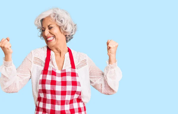 Starsza Siwowłosa Kobieta Fartuchu Bardzo Szczęśliwa Podekscytowana Wykonując Gest Zwycięzcy — Zdjęcie stockowe