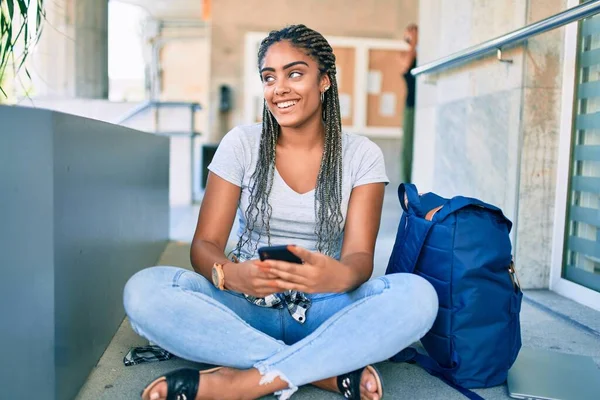 Young African American Student Woman Smiling Happy Using Smartphone University — Stock Photo, Image