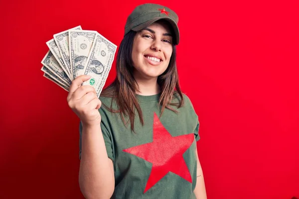 Woman Wearing Shirt Red Star Communist Symbol Holding Bunch Dollars — Stock Photo, Image