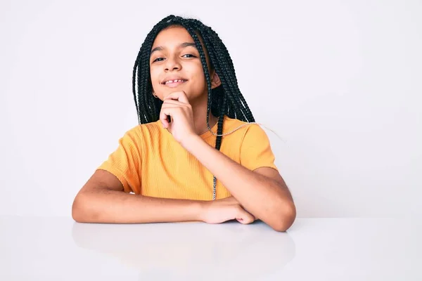 Young African American Girl Child Braids Wearing Casual Yellow Tshirt — Stock fotografie