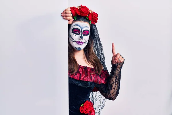 Young Woman Wearing Day Dead Custome Holding Blank Empty Banner — Stock Photo, Image