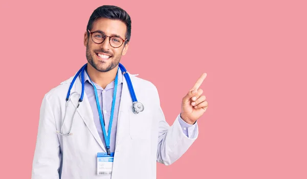 Young Hispanic Man Wearing Doctor Uniform Stethoscope Big Smile Face — Stock Photo, Image