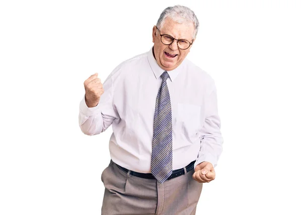 Hombre Mayor Pelo Gris Con Ropa Negocios Muy Feliz Emocionado —  Fotos de Stock