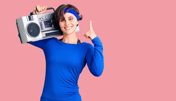 Beautiful Young Woman Short Hair Wearing Workout Clothes Holding Boombox — Stock Photo, Image