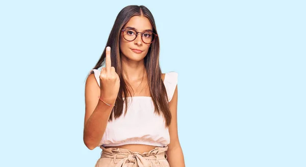 Young Hispanic Woman Wearing Casual Clothes Glasses Showing Middle Finger — Stockfoto