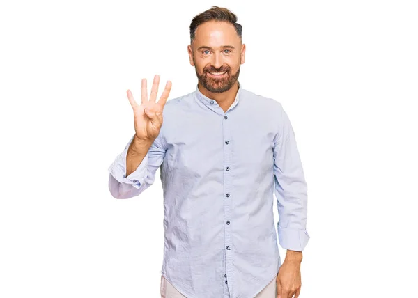 Hezký Muž Středního Věku Obchodní Košili Ukazuje Ukazuje Prsty Číslo — Stock fotografie